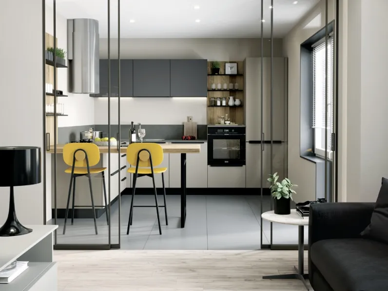 Cucina Moderna angolare con penisola Pratica 11 Tag in laccato e melaminico di La Casa Moderna
