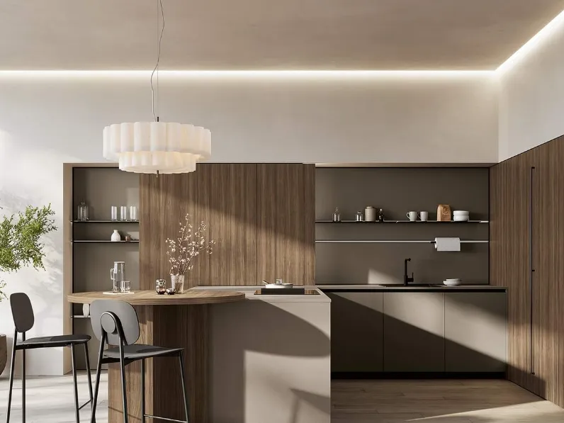 Cucina Moderna con penisola Domino Composizione 08 in melaminico metallico polvere argilla e melaminico noce Canaletto di Prima Cucine