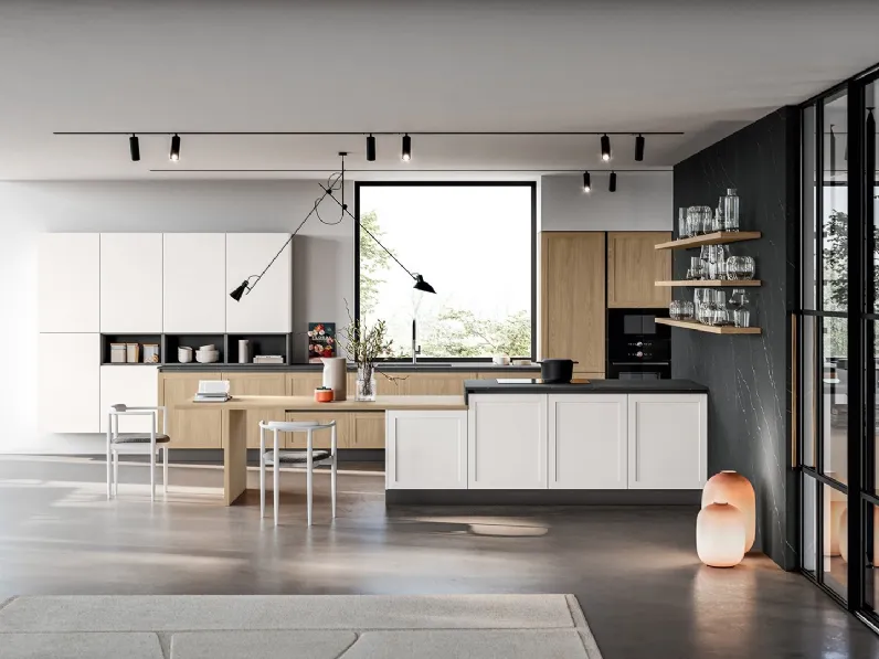 Cucina Moderna con penisola Prime 01 in laminato Rovere e PET Bianco di Gicinque