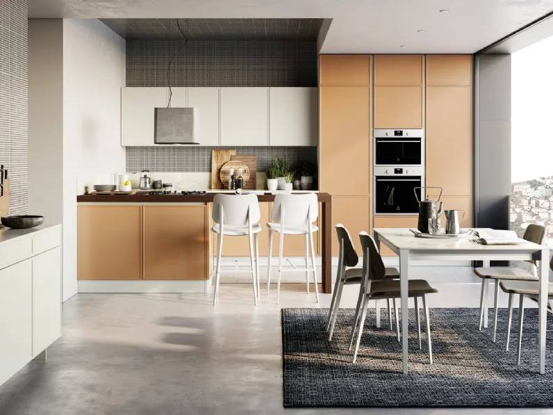 Cucina Moderna Rewind in laccato Cannella con penisola di Creo