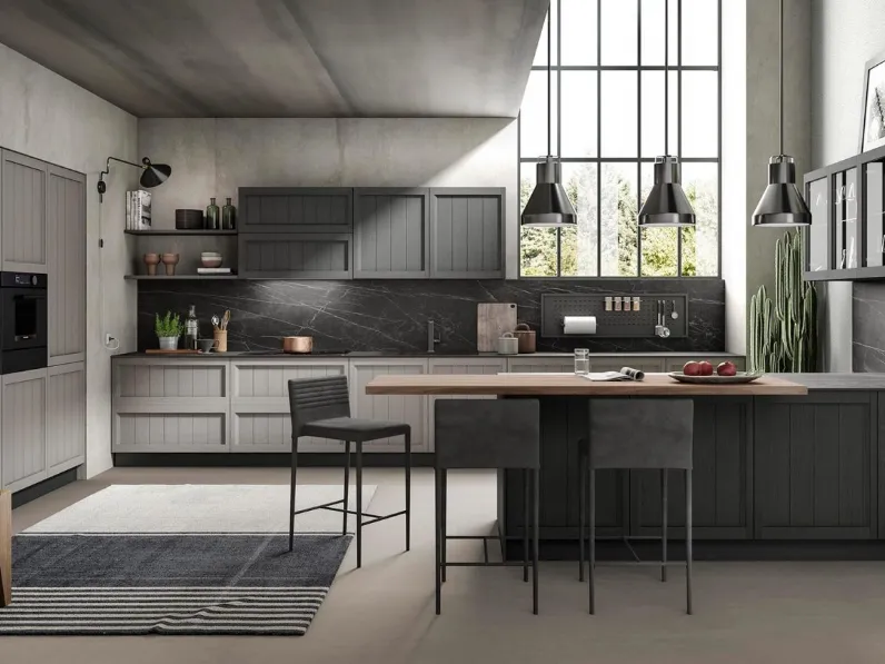 Cucina Moderna con penisola Saona in frassino finitura Grigio e Ardesia di Evo Cucine