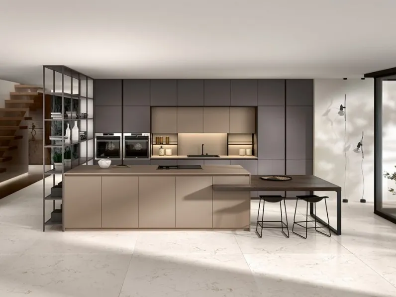 Cucina Moderna con isola Kira e Sigma comp 07 in Lino e Piombo di Lyons Cucine