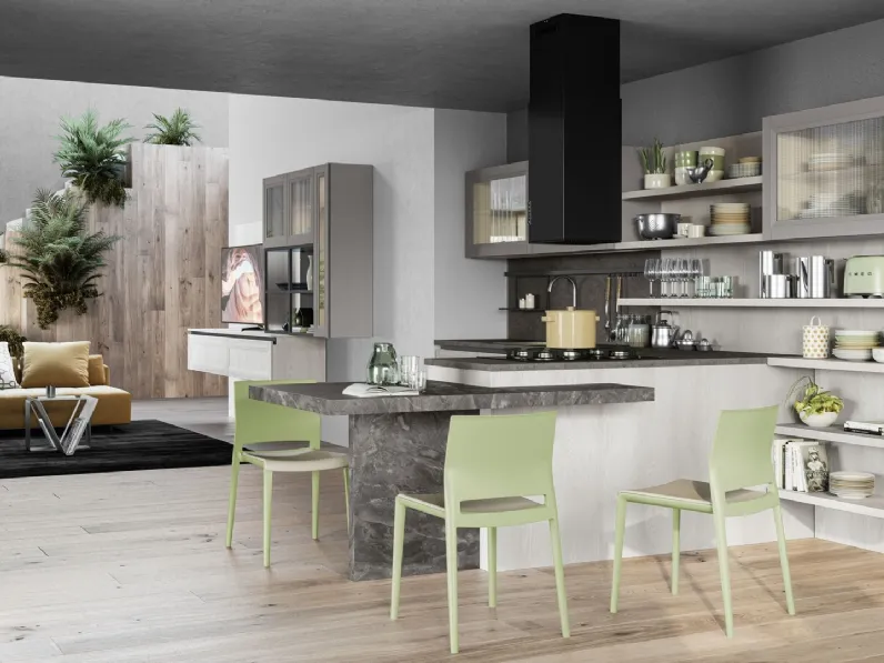 Cucina Moderna Smart finitura Frassino Bianco Alpino con penisola in laminato Marmo nuvolato di Creo