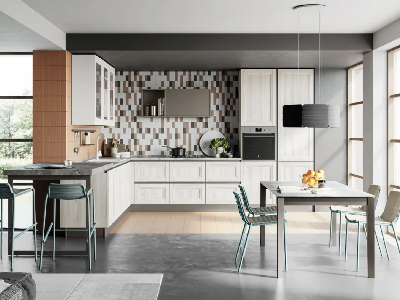 Cucina Moderna con penisola Smart finitura Frassino Bianco Alpino e Pet Gesso Supermatt di Creo
