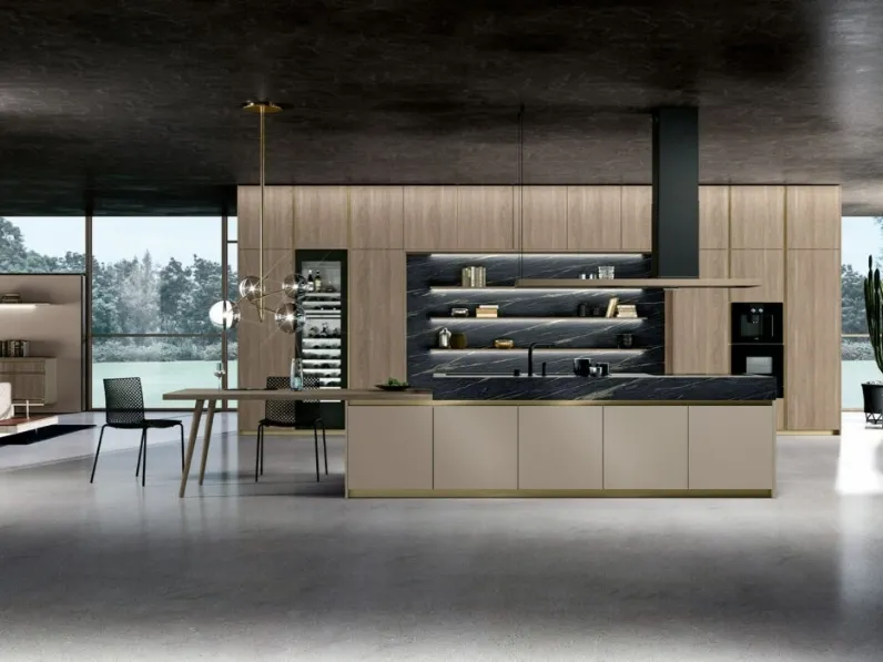 Cucina Moderna Vivere Italia 03 in finitura noce biondo e PET cashmere di Spagnol Cucine