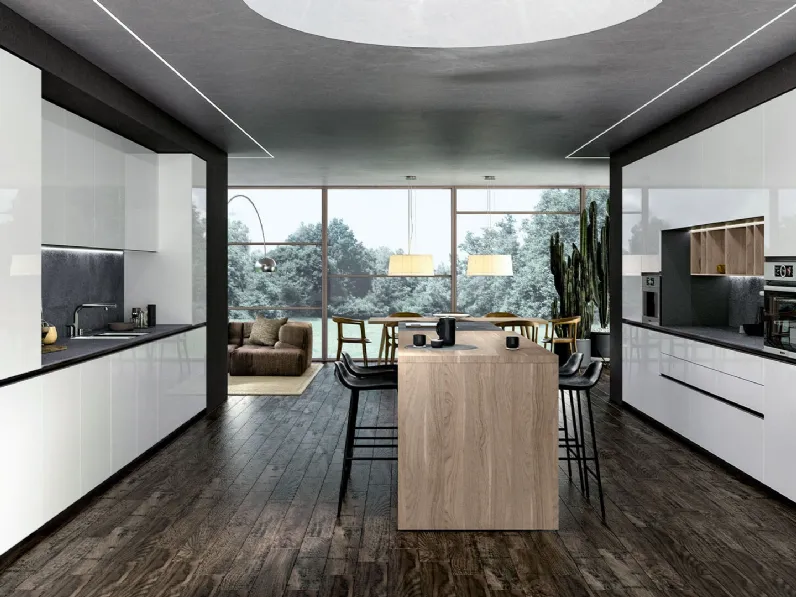 Cucina Moderna con isola Vivere Italia 08 in laccato lucido e rovere biondo di Spagnol Cucine