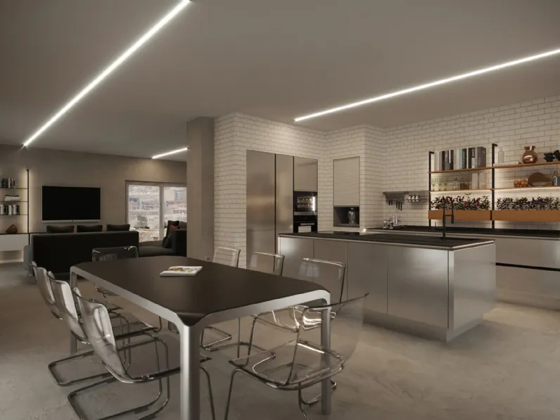 Cucina Moderna con isola Steel con finitura effetto acciaio di Life Cucine