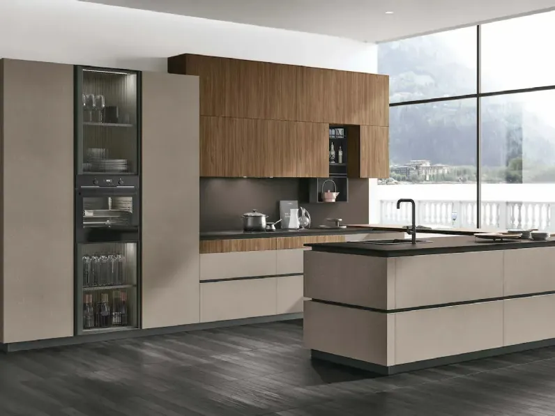 Cucina Moderna con penisola Metropolis 12 in materico Cemento Visone e Noce Eucalipto di Stosa