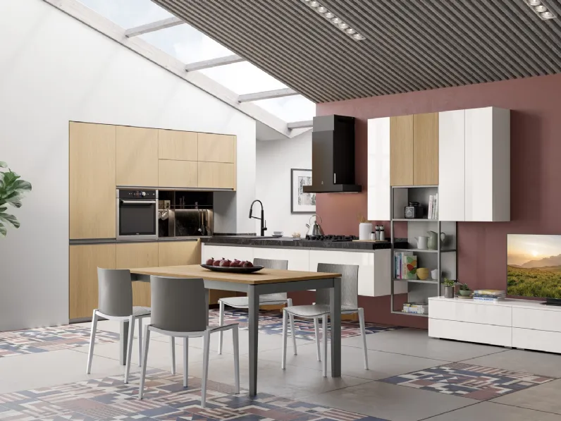 Cucina Moderna Tablet Wood angolare in Rovere Naturale e laccato Bianco lucido di Creo