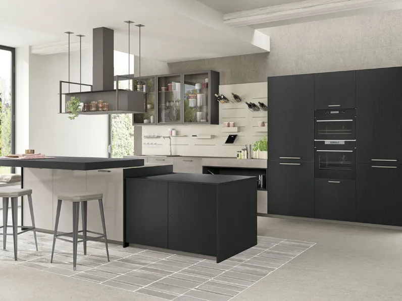 Cucina Moderna Tablet Wood con isola in Rovere Nero e laccato lucido Ardesia di Creo