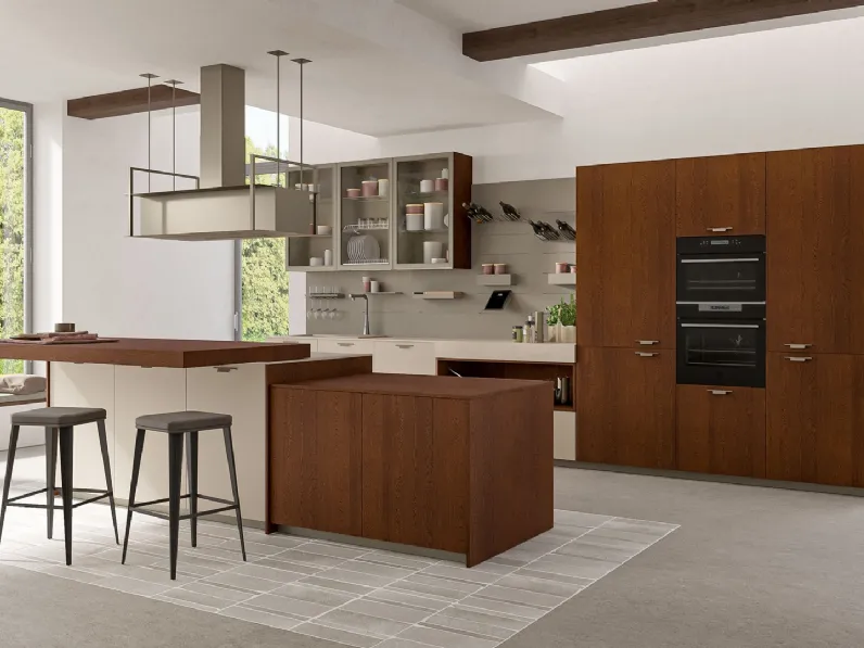 Cucina Moderna con isola Tablet Wood in Rovere moscato e laccato opaco Polvere di Creo
