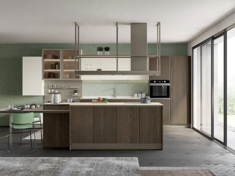 Cucina Moderna con isola Tablet Wood in Rovere fumé e melaminico Porcellana di Creo