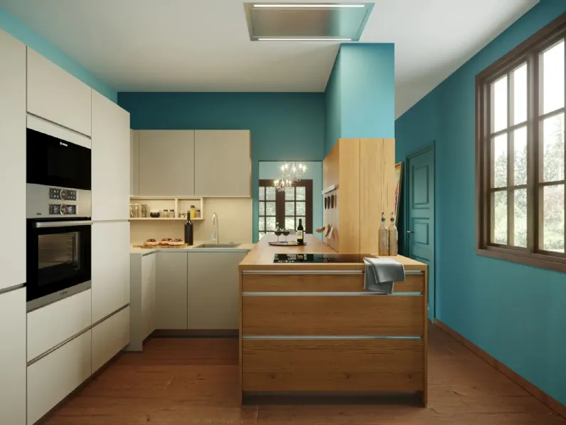 Cucina Moderna con penisola Tatto Pietra in laccato e rovere di Life Cucine