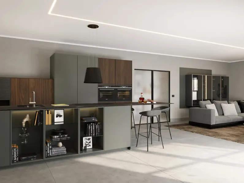 Cucina Moderna con penisola Tatto Soft Verde Minerale di Life Cucine