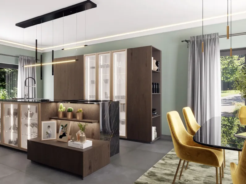 Cucina Moderna con isola Tavola in rovere, vetro e ceramica di Life Cucine