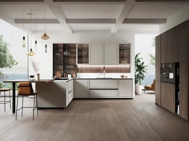 Cucina Moderna con penisola Tes in laccato Grigio Box e bilaminato legno di Miton