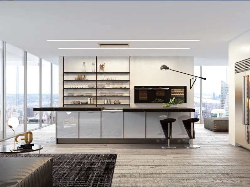 Cucina Moderna con isola Thalia composizione 04 in vetro laccato lucido Bianco e top in HPL di Di Iorio