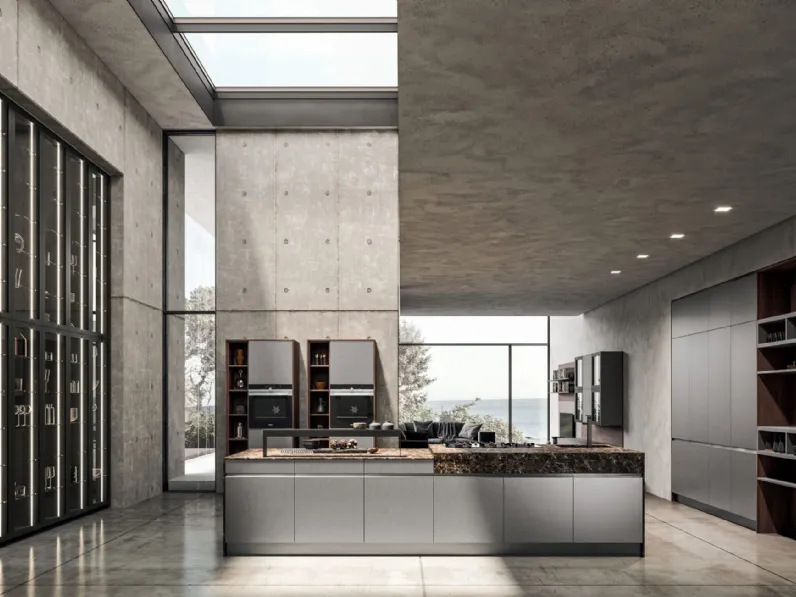 Cucina Moderna con isola Time 05 in Fenix acciaio e laminato stratificato Cuba di Gentili Cucine