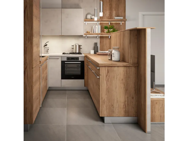 Cucina Moderna in legno e cemento ad angolo Trama di Life Cucine