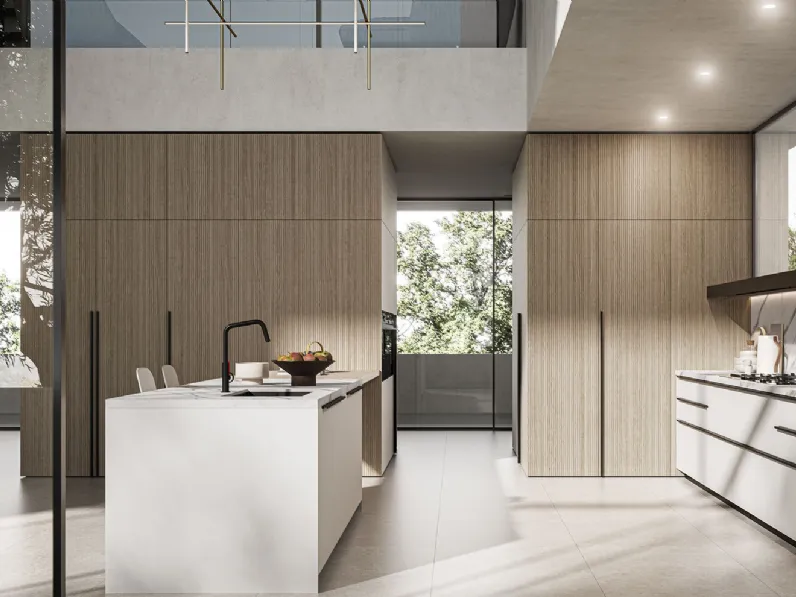 Cucina Moderna con penisola Tratto_10 02 in pet e legno di Arredo3