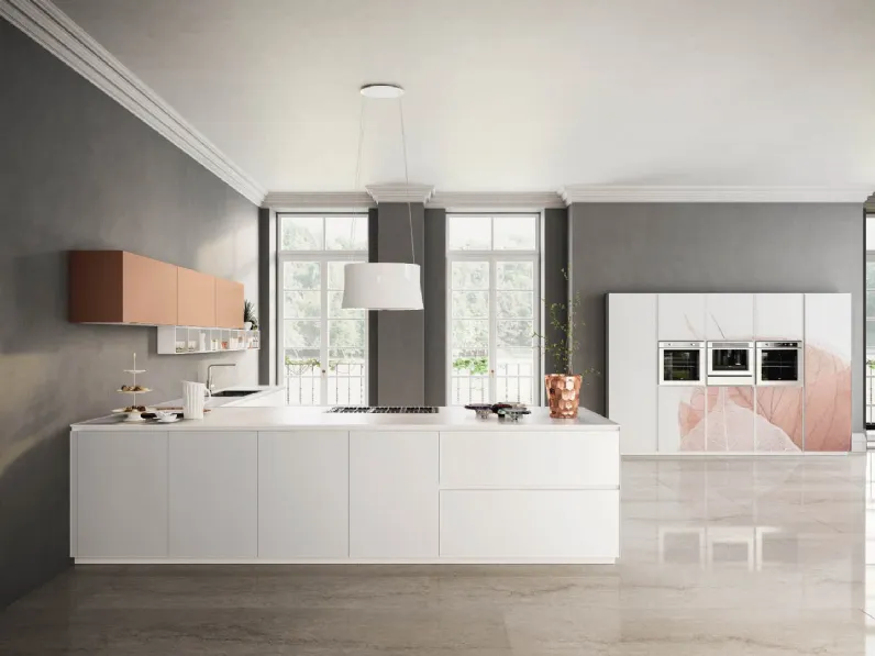 Cucina Moderna con penisola Urban Vertigo in vetro con Stampa Digitale di Lyons Cucine