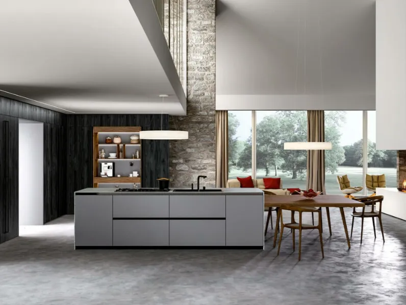 Cucina Moderna in legno impiallacciato con isola in Fenix Vivere Italia 10 di Spagnol Cucine