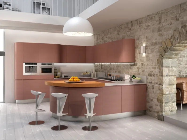 Cucina Moderna dalle forme arrotondate con penisola Volee composizione 04 in laccato opaco di Di Iorio