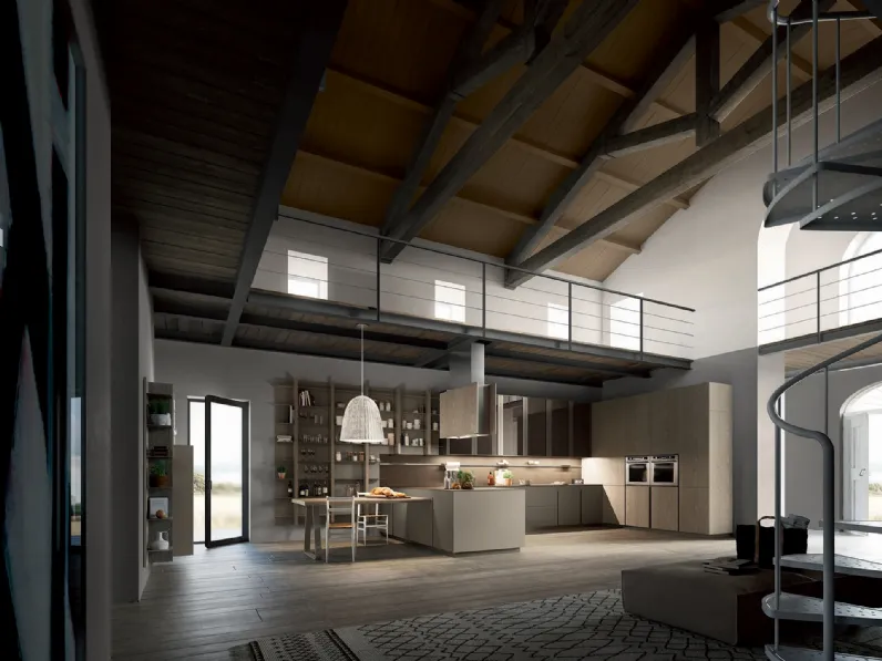 Cucina su misura con penisola Lounge in laccato Platino e Rovere di Composit