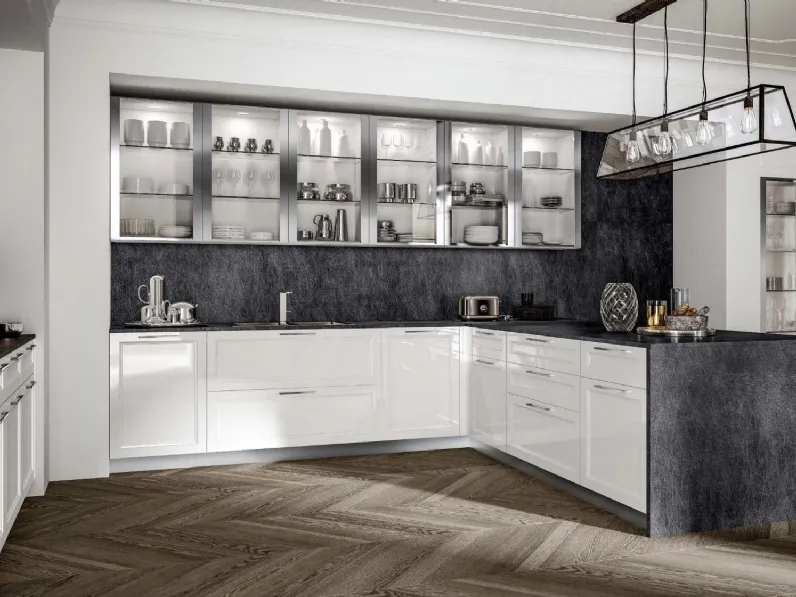 Cucina su misura con penisola Marilyn in laccato Bianco lucido di Composit