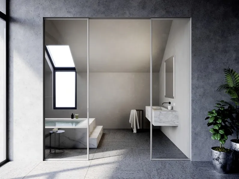 Porta per interni Atlantic Pocket Door Invisible Jam in vetro Grigio trasparente e telaio in alluminio finitura Argento di In Forma