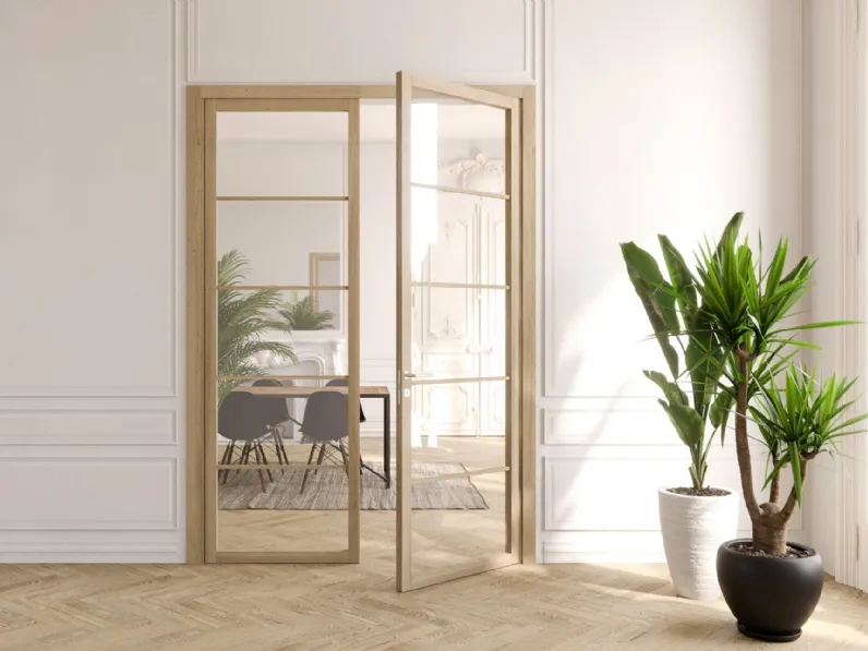 Porta per interni battente Flat F5 in vetro con struttura in rovere di Foa