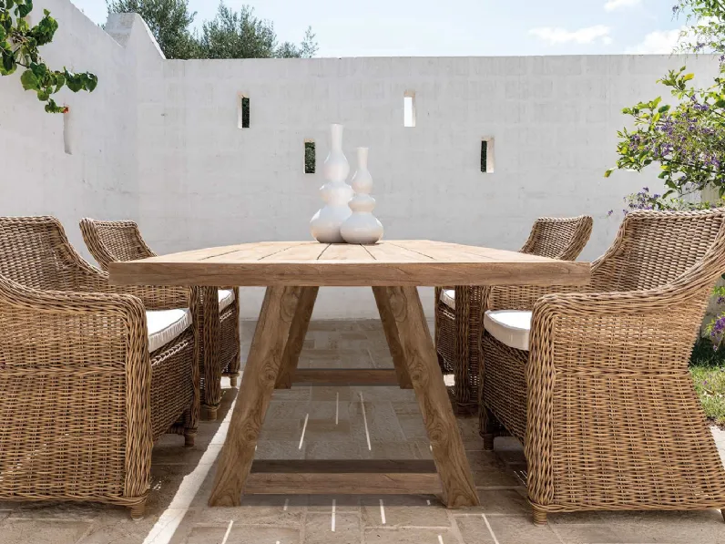 Tavolo Cloe  in legno con sedute in alluminio e intreccio con fibra Natural di Braid