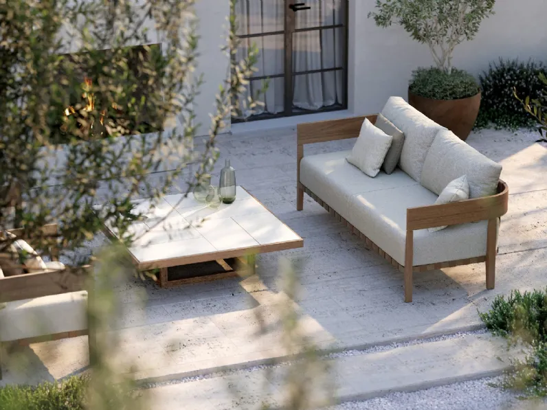 Divano in tessuto a due posti con struttura in iroko Feeling di Braid