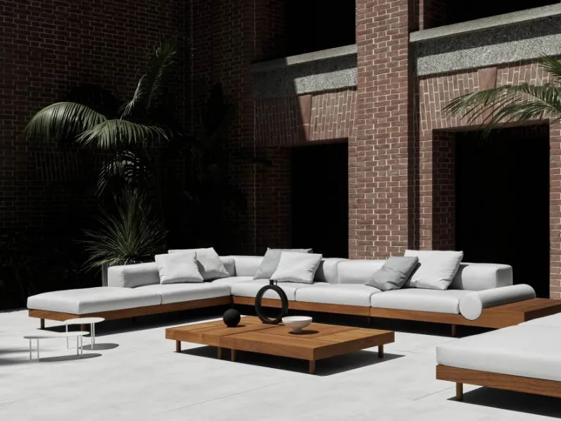 Divano Kasbah in tessuto imbottito e Teak di Living Divani