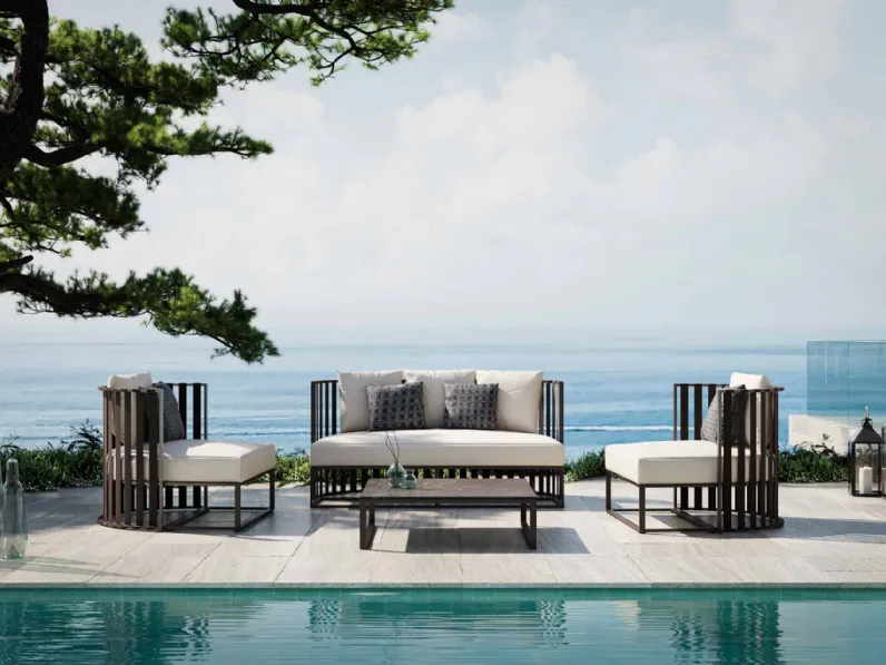 Arredo da esterno Metropolitan con telaio in alluminio verniciato e sedute in tessuto imbottito di Braid