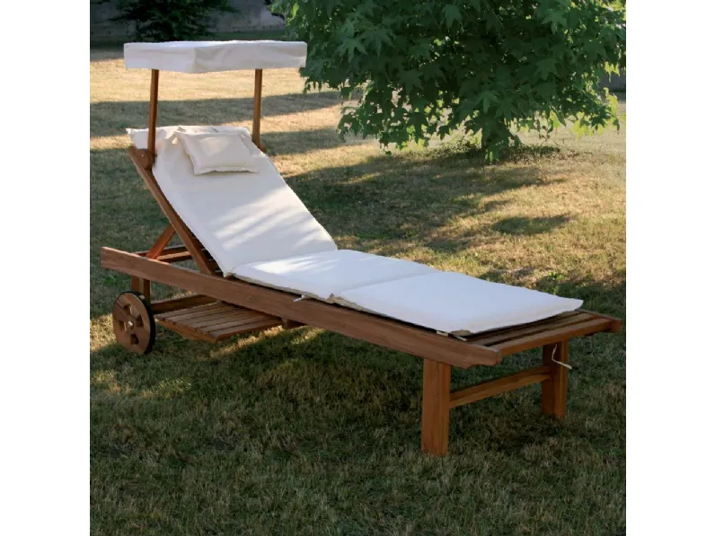 Lettino Real Bed  in legno massello di teak indonesiano con finitura olio naturale con cuscino in tessuto imbottito e parasole di La Seggiola
