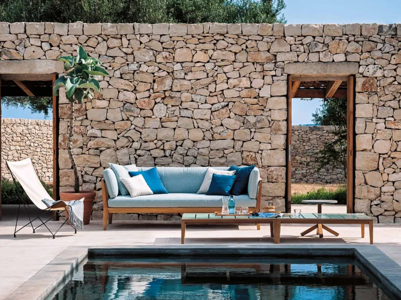 Divano Teka in legno di teak e cuscini in tessuto di Roda