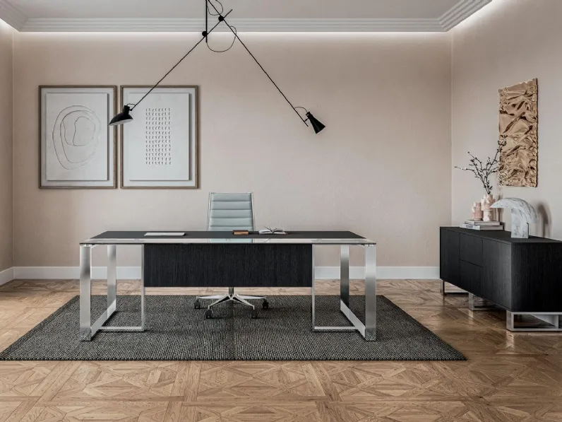 Scrivania direzionale con piano impiallacciato e vetro Kronos di Walco
