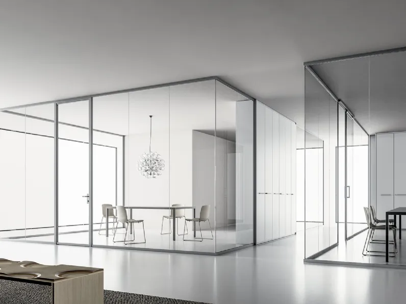 Parete divisoria Monovetro DV602 con profili in alluminio con porte scorrevoli o battenti di DVO