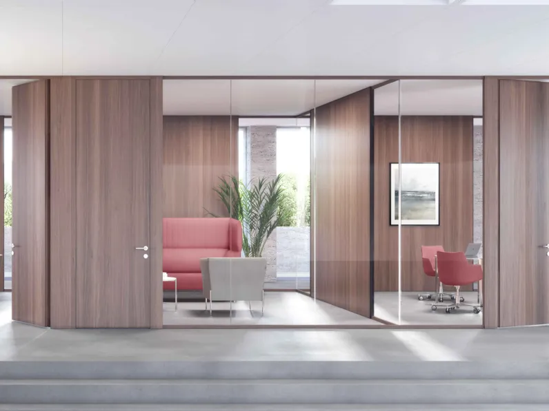 Pareti acustiche divisorie per ufficio in vetro e legno di Estel