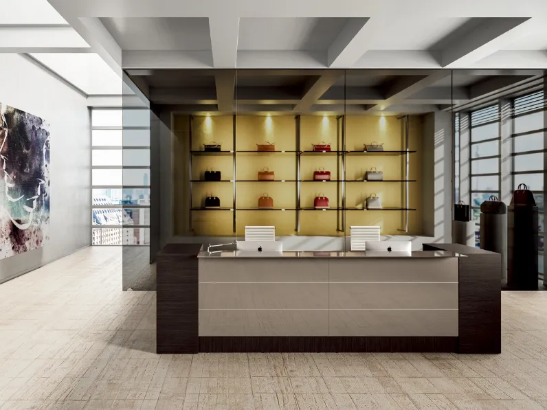 Bancone Reception GET IN 02 con top e frontale a specchio e struttura in melaminico di Colombini Office