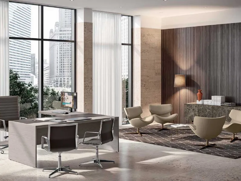 Scrivania Direzionale e9 in Olmo grigio con inserto in cuoietto di Quadrifoglio