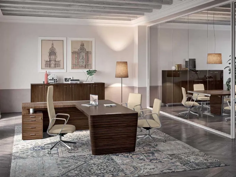 Scrivania Direzionale angolare X10 in legno Ebano rigatino di Quadrifoglio