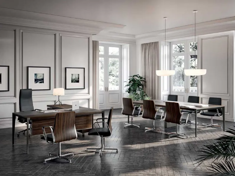 Scrivania Direzionale angolare X9 in Ebano rigatino con struttura in metallo di Quadrifoglio