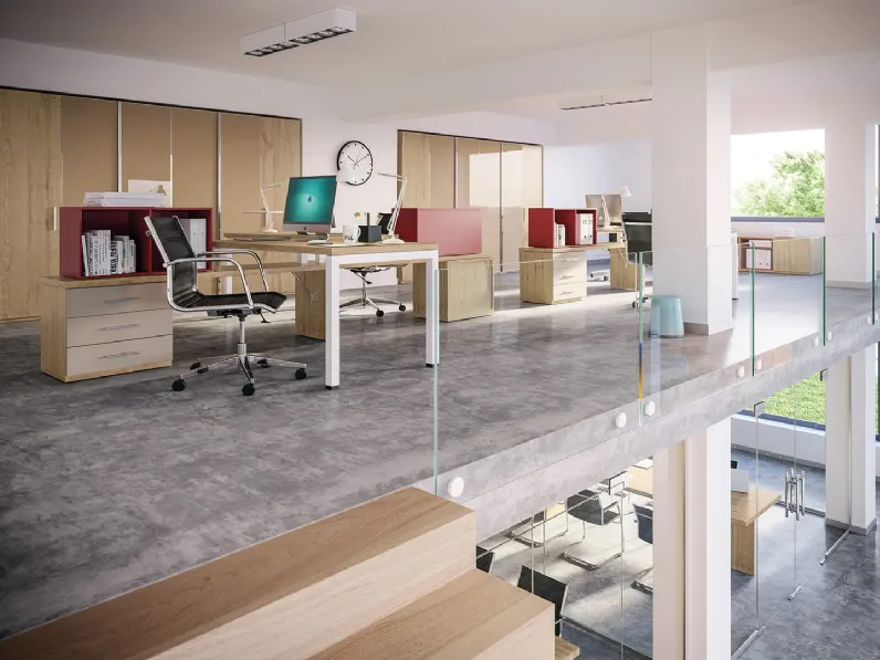 Scrivania Operativa con cassettiera OF55 in Faggio nobilitato e laccato opaco Camoscio di Giessegi