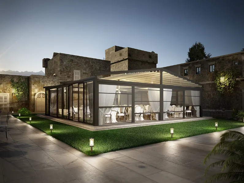 Pergola autoportante con telo scorrevole ed impacchettabile con sensori pioggia e vento Atrium di Dirello