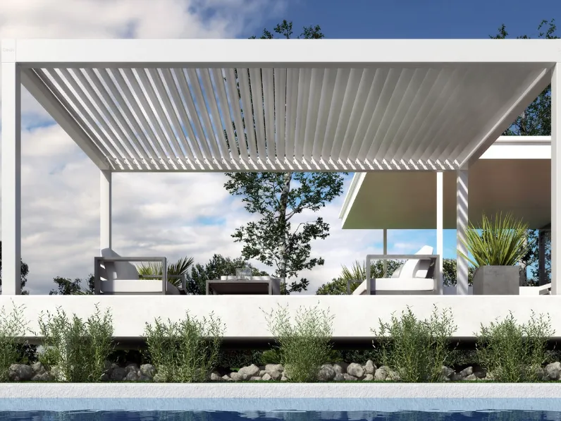 Pergola bioclimatica dotata di lame orientabili fino a 110° con grondaia perimetrale Bioshade Autoportante di Dirello