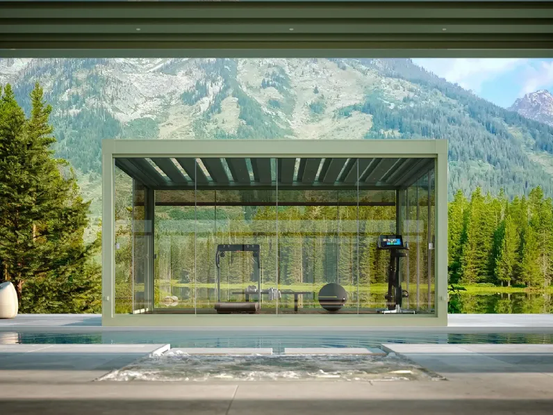 Pergola bioclimatica Carrera P con lame frangisole alternate di Pratic