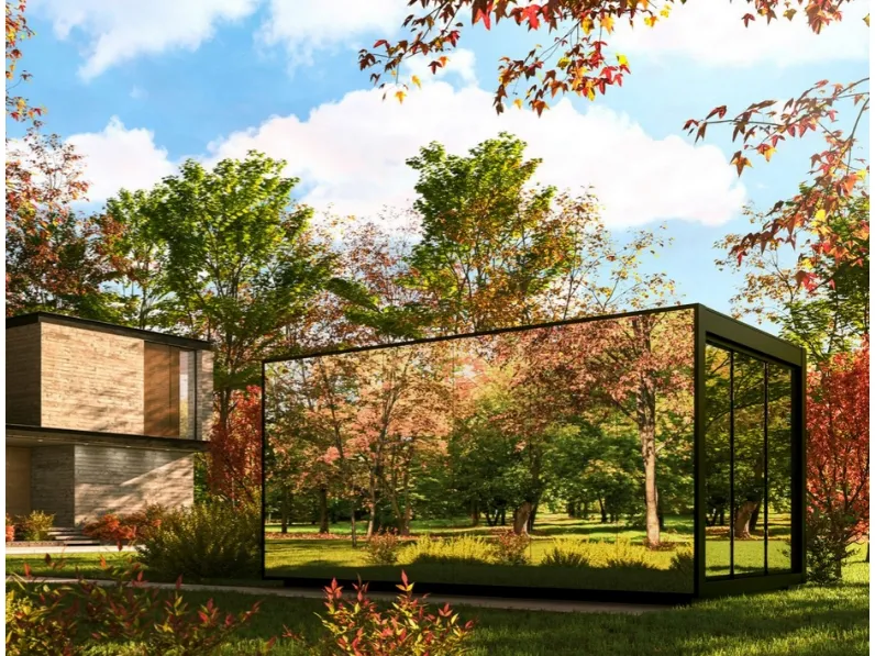 Pergola bioclimatica caratterizzata da vetrate specchiate che non impediscono la vista verso l'esterno Connect di Pratic