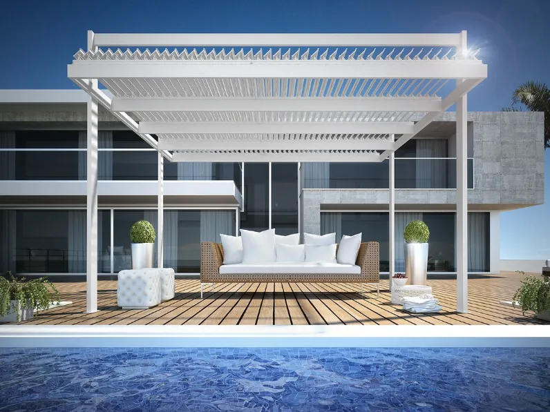 Pergola bioclimatica frangisole inclinata a lame longitudinali orientabili Koevo Autoportante di Dirello